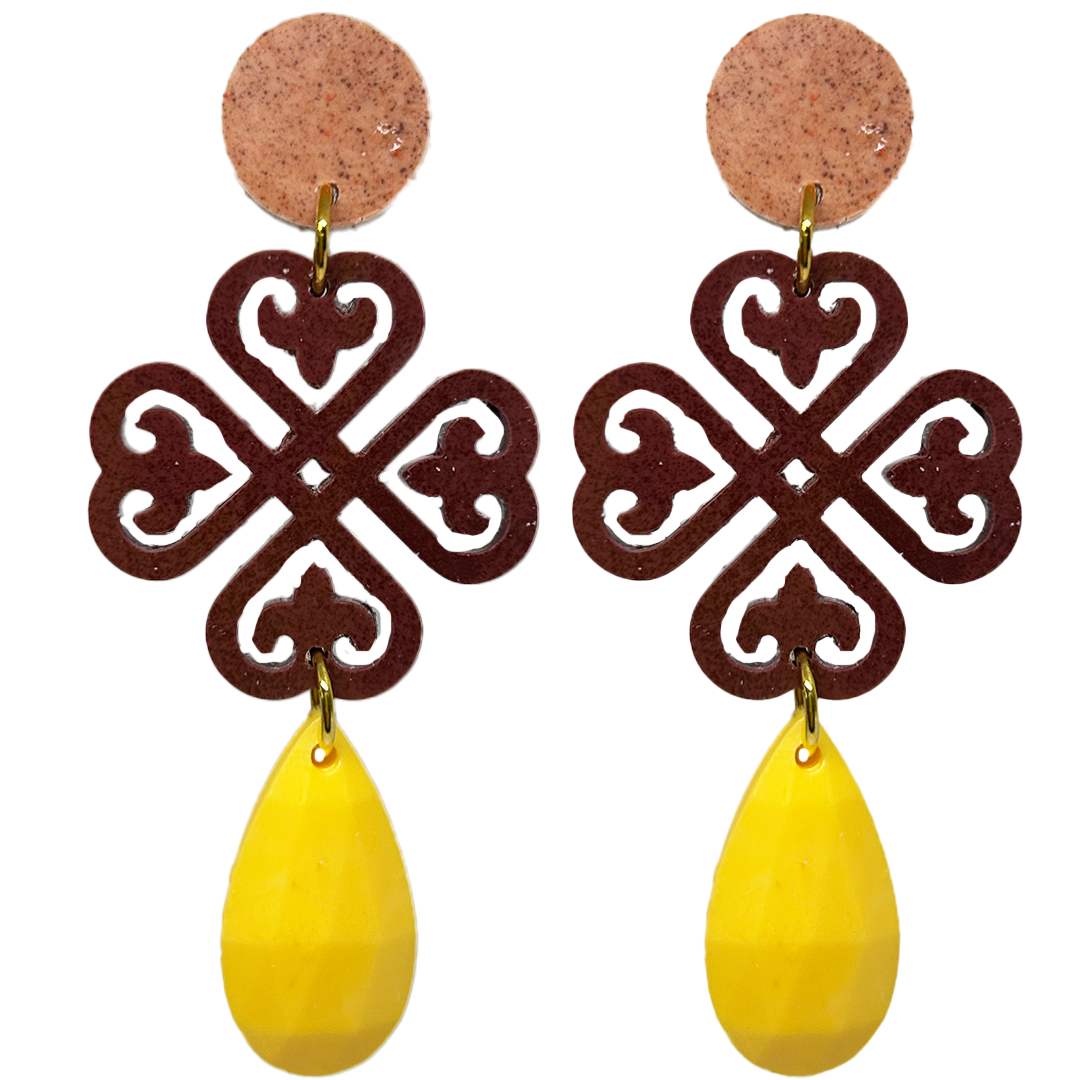 orecchini cuorifoglio : terra di siena soft - bordeaux intenso - giallo maracuja