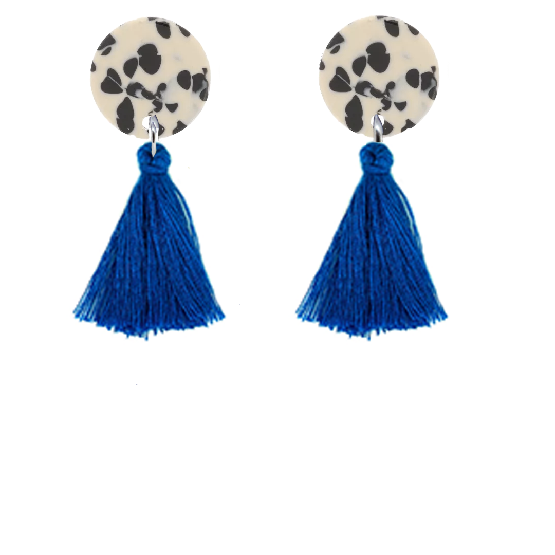 orecchini NAPPINA: dalmata bianco e nero + nappina blu marine