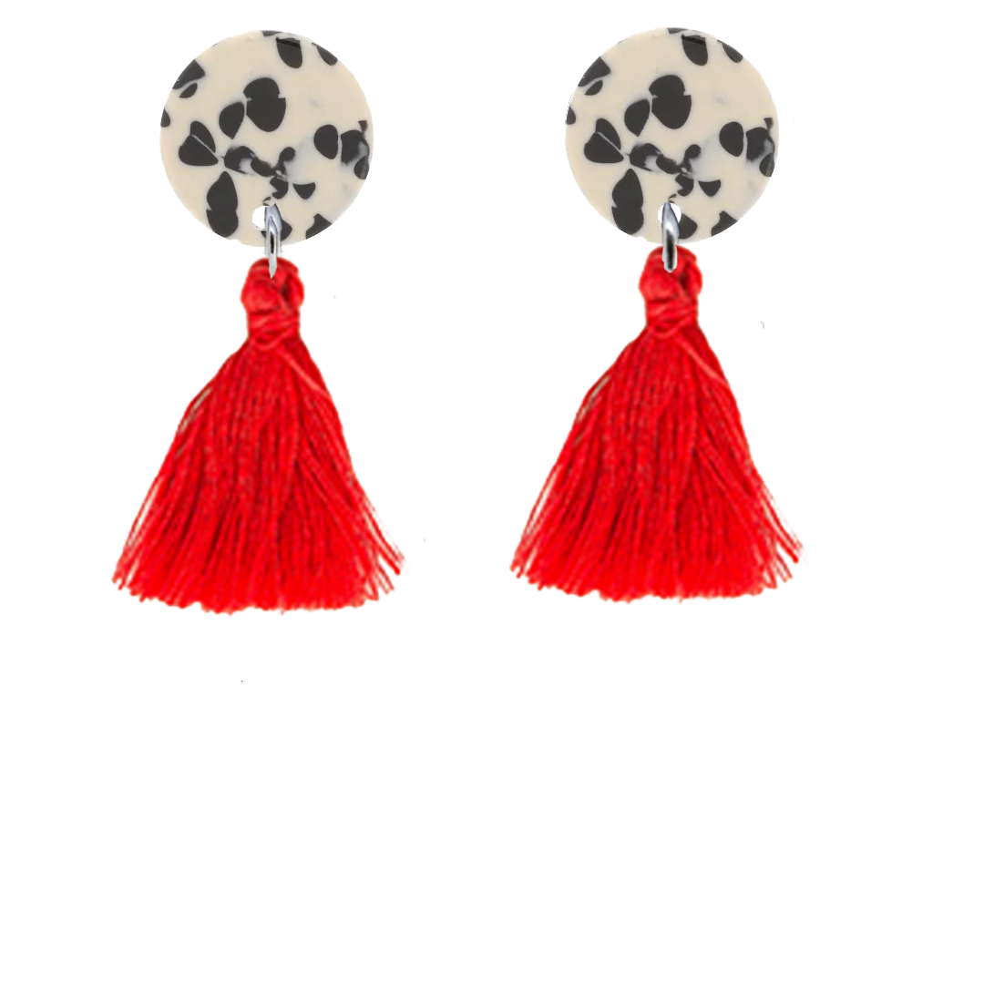 orecchini NAPPINA: dalmata bianco e nero + nappina rossa