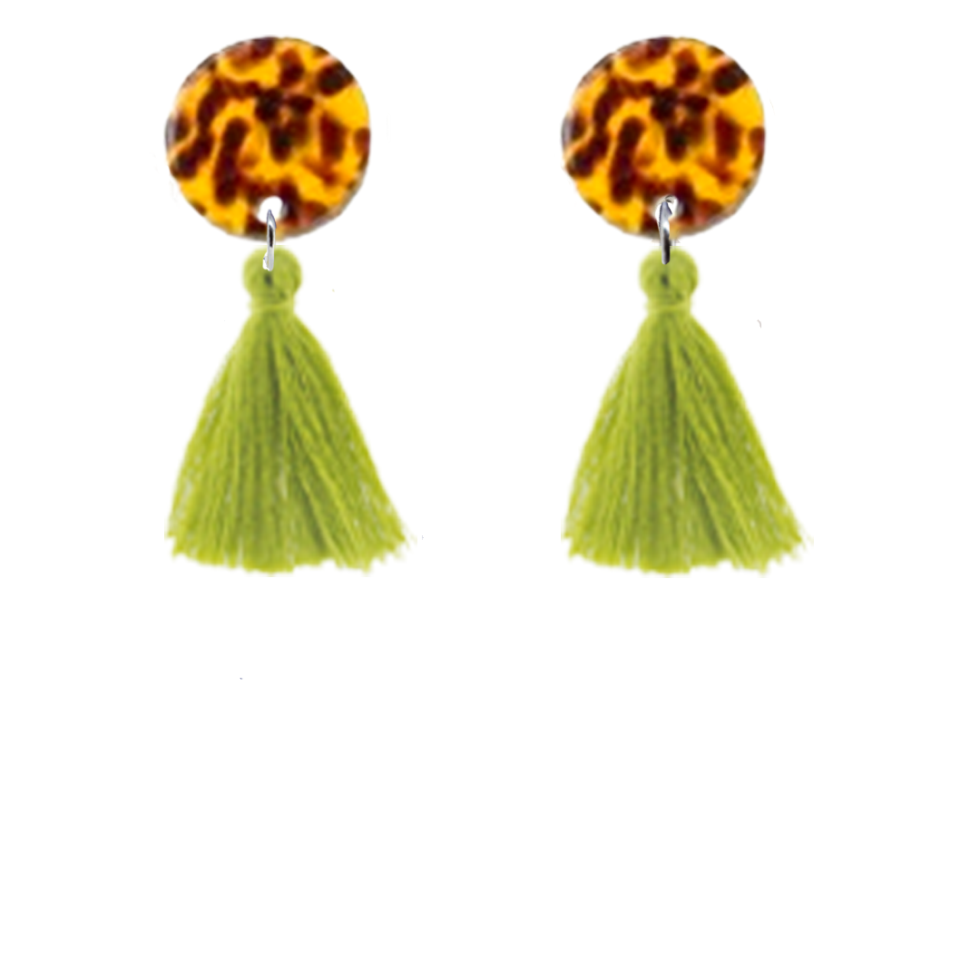 orecchini NAPPINA: leopartato marrone + nappina verde prato