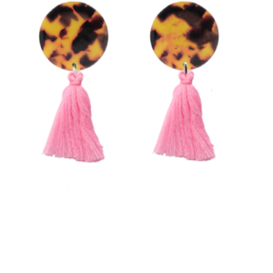 orecchini NAPPINA: tartarugato grande marrone + nappina rosa